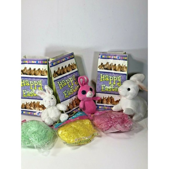 Mix 3 Easter Bunny Plush toys Easter Grass & Bags - Picture 2 of 6